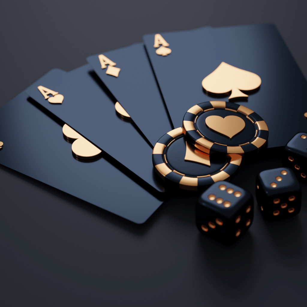 Black and cold poker cards, chips and dice