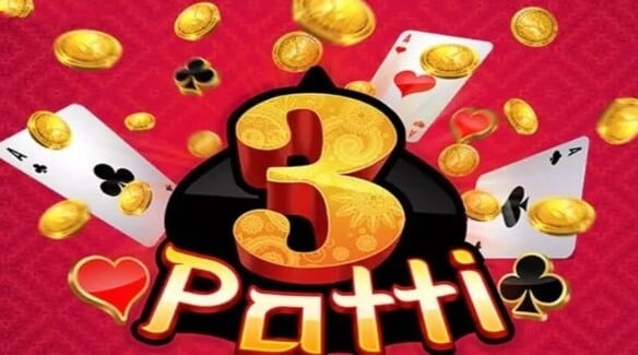 Colorful promotional graphic for the card game Teen Patti, featuring the text '3 Patti' in bold letters with decorative patterns, surrounded by playing cards, gold coins, and suit symbols on a red background.