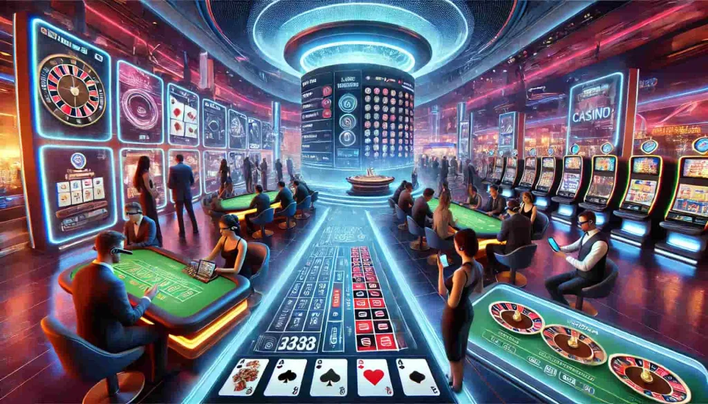 A futuristic mobile casino scene in a sleek, high-tech environment. People are engaged with various casino games like roulette, poker, and slot machine