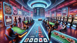 A futuristic mobile casino scene in a sleek, high-tech environment. People are engaged with various casino games like roulette, poker, and slot machine